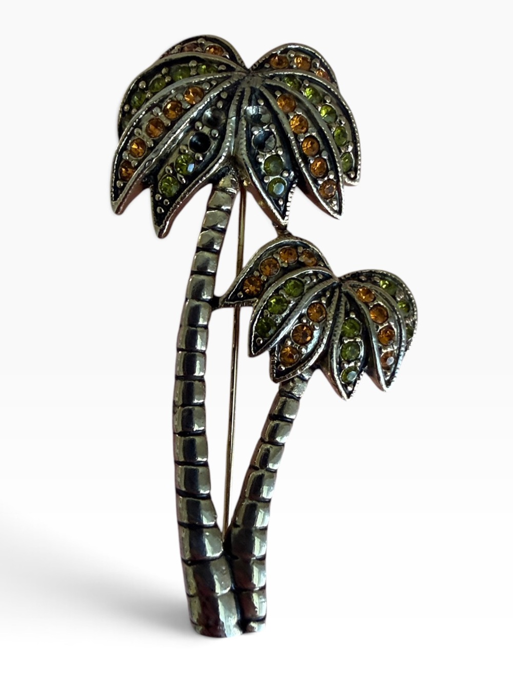 VINTAGE GOLD TONE TROPICAL PALM TREES RHINESTONE BROOCH PIN